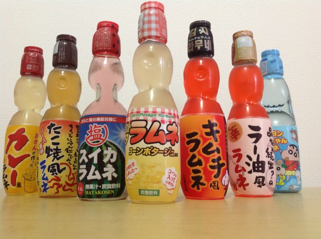 We sample curry, octopus, kimchi, chili pepper, salted watermelon, and corn flavored Ramune sodas