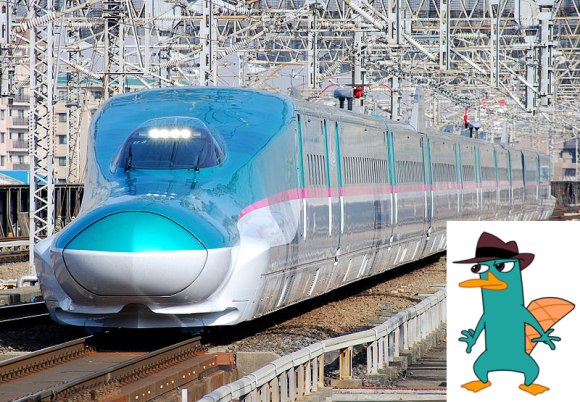 E5 shinkansen bullet train, Hayabusa, Perry the Platypus from Phineas and Ferb