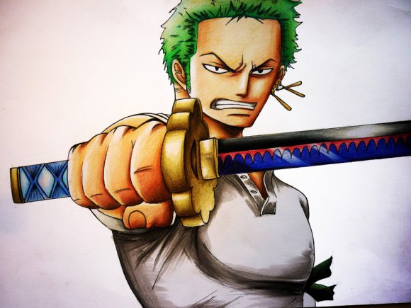 zoro_from_one_piece___coloured_pencil_drawing_by_polaara-d5haxf6
