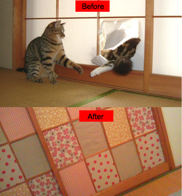 Holes in your paper door? Use colorful cloth to brighten up your shoji!