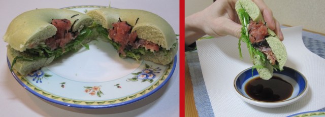 Wasabi and sashimi bagels on sale now in Japan! We buy some and invent the Japanese dip sandwich