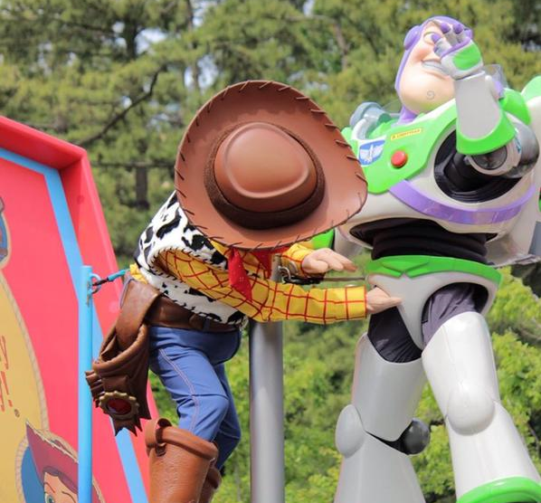 Tokyo Disneyland’s Buzz Lightyear has a friend in Woody, and also a friend in his crotch