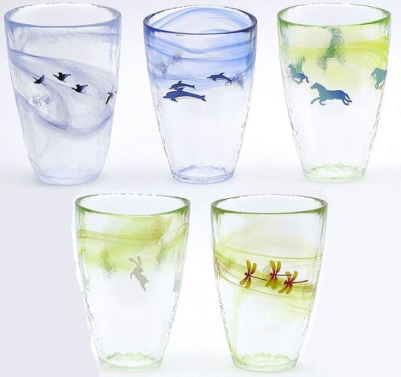 Exquisitely blown Japanese beer glasses create serene landscapes while