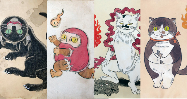 Cute collection of cats in the yokai world features magical powers, gods and flying catfish