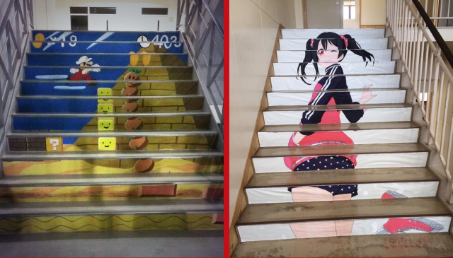 The awesome Nintendo and anime-inspired stairway art of Japanese high schools 【Photos】