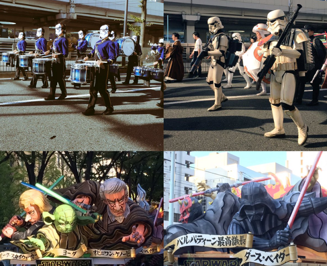 Halloween parade invaded by the Dark Side with marching band stromtroopers and Star Wars floats