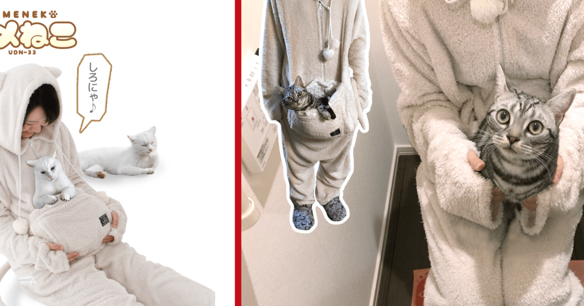 Jumpsuit with builtin kitty cuddle pouch lets you and your cat snuggle