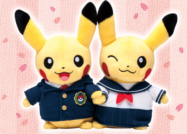 New line of paired boy/girl Pikachu plushies kicks off with couple in Japanese school uniforms