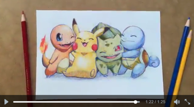 Turns out you can draw all four original starter Pokémon with just three colored pencils【Video】