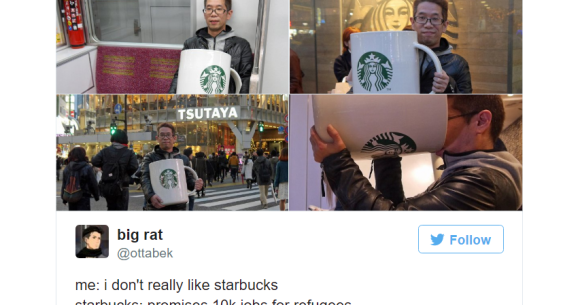 Giant, house-sized Starbucks Mug appears in Tokyo, so Mr. Sato grabs own huge  mug to check it out