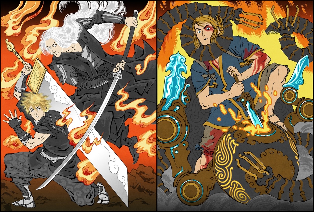 Video game battles as woodblock prints, “Ukiyo-e Heroes