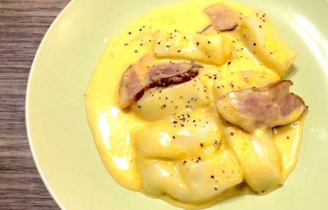 Turns out that mochi can be made more delicious by smothering it in creamy carbonara sauce