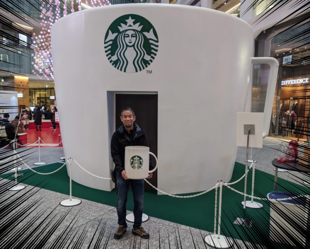 Giant, house-sized Starbucks Mug appears in Tokyo, so Mr. Sato grabs own huge mug to check it out