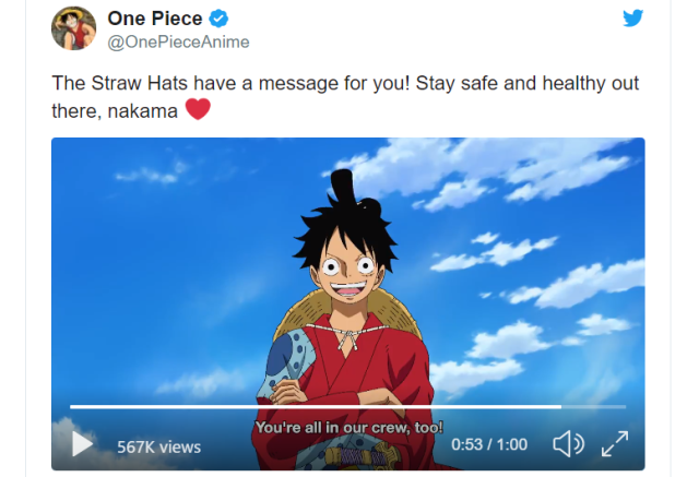 One Piece Straw Hat Pirates respond to coronavirus pandemic with public service message【Video】