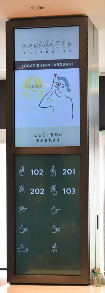 digital screens provide visual cues to simple sign language at Starbucks.