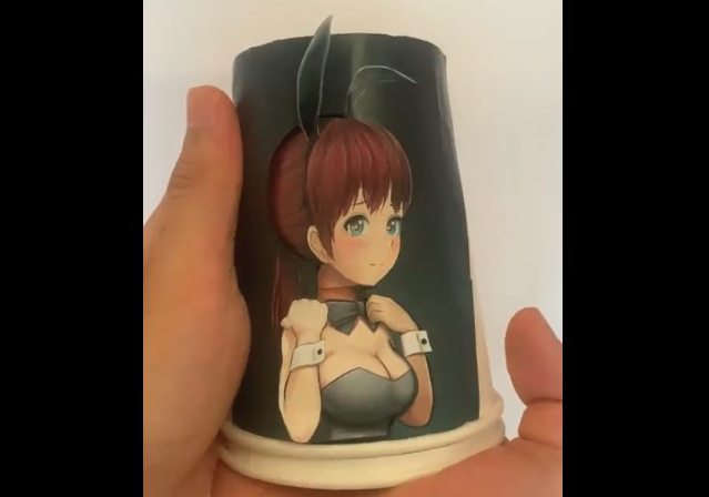 Japanese artist creates mind-blowingly real “bunny girl” that winks and blinks…on a paper cup