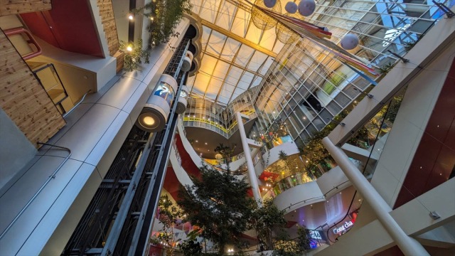 Unusual curved escalators are the crowning jewel of this shopping mall in Osaka