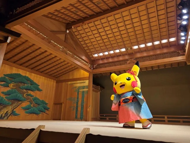 Pikachu appears as a noh actor in kimono at Pokémon x Crafts Exhibition in Japan