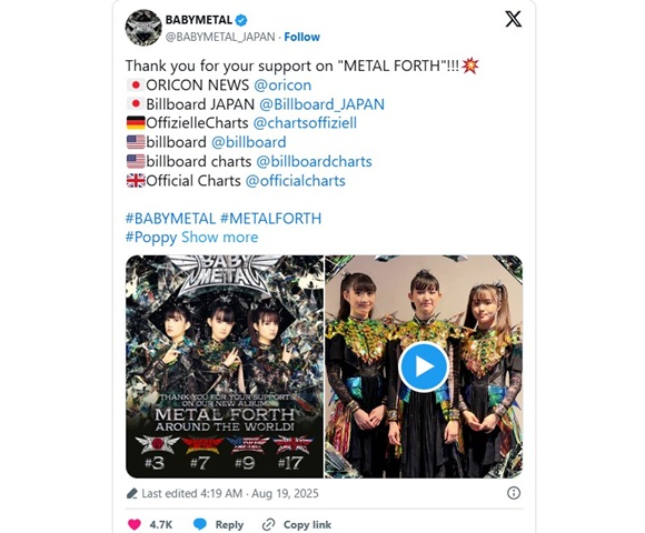 Japanese metal group Babymetal lands historic No. 9 ranking on U.S. Billboard 200 music chart